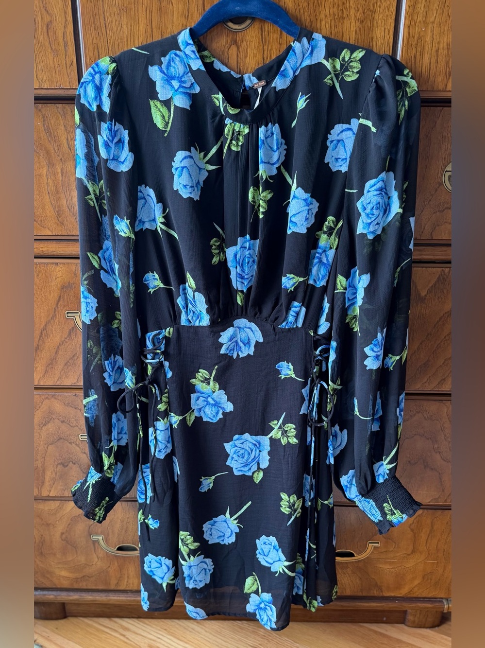 Free People stylish black dress with blue roses. Corseted side panels. NWT